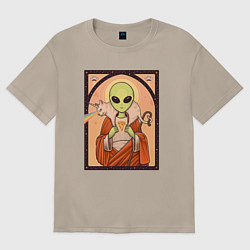 Футболка оверсайз женская Пришелец и кот-единорог, цвет: миндальный