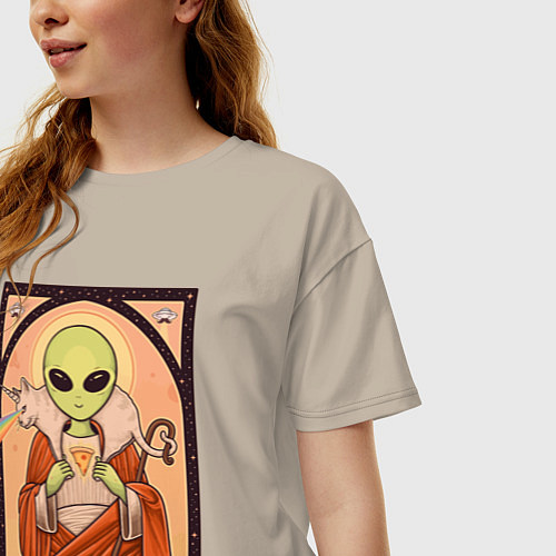 Женская футболка оверсайз Пришелец и кот-единорог / Миндальный – фото 3