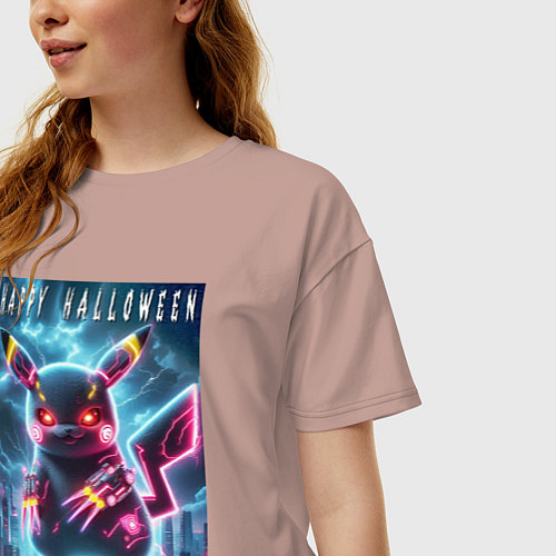 Женская футболка оверсайз Pikachu with a cyber claws - halloween / Пыльно-розовый – фото 3