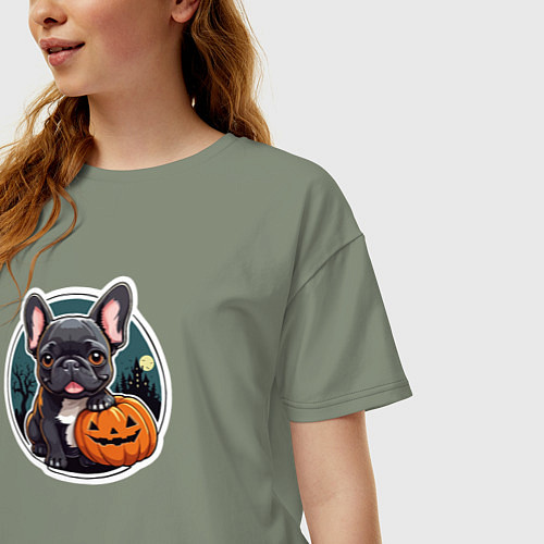 Женская футболка оверсайз Собака французский бульдог с тыквой / Авокадо – фото 3