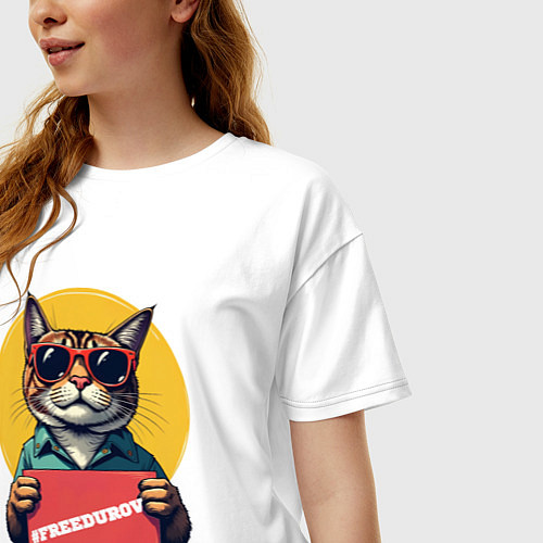 Женская футболка оверсайз Сat with a poster / Белый – фото 3