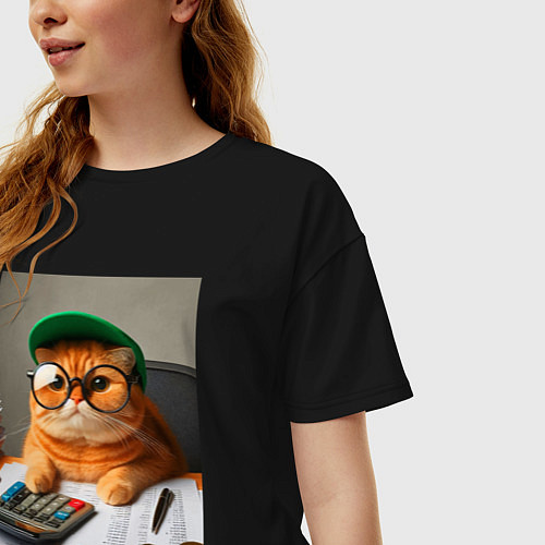 Женская футболка оверсайз Рыжий кот - бухгалтер / Черный – фото 3