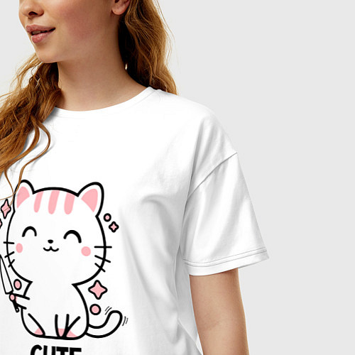 Женская футболка оверсайз Cute but psycho - cat / Белый – фото 3