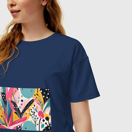 Женская футболка оверсайз Листья цветы абстракция / Тёмно-синий – фото 3