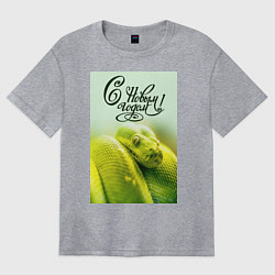 Футболка оверсайз женская Символ 2025 года зеленая змея и надпись: с новым г, цвет: меланж