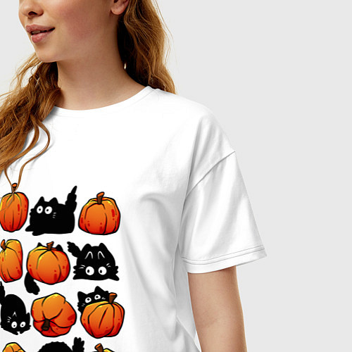 Женская футболка оверсайз Котики и тыквы / Белый – фото 3