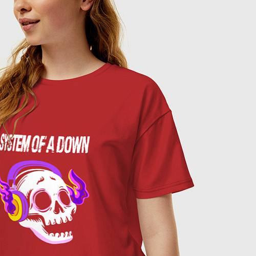 Женская футболка оверсайз System of a Down - неоновый череп / Красный – фото 3