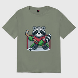 Футболка оверсайз женская Енот хоккеист вратарь, цвет: авокадо