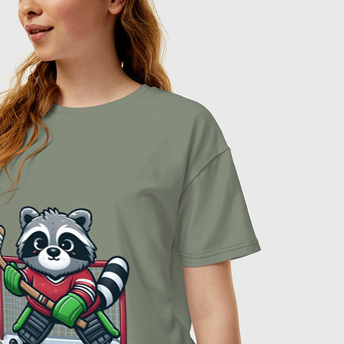 Женская футболка оверсайз Енот хоккеист вратарь / Авокадо – фото 3