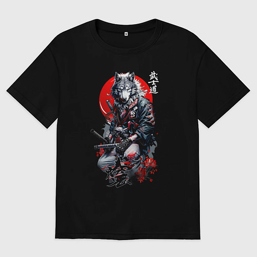 Женская футболка оверсайз Волк самурай - гравюра / Черный – фото 1