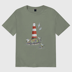 Футболка оверсайз женская Маяк и чайки на берегу моря, цвет: авокадо