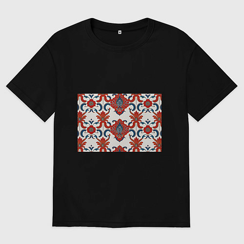 Женская футболка оверсайз Узор красно-синий на белом фоне / Черный – фото 1