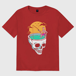 Футболка оверсайз женская Скелет на рыбалке, цвет: красный