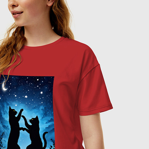 Женская футболка оверсайз Танцующие коты под звёздным небом / Красный – фото 3