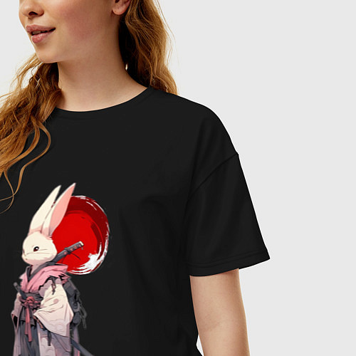 Женская футболка оверсайз Заяц ронин / Черный – фото 3