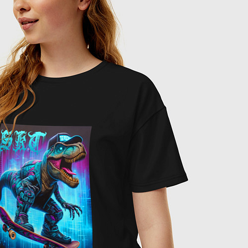 Женская футболка оверсайз Dude tyrannosaur on a skateboard - ai art / Черный – фото 3