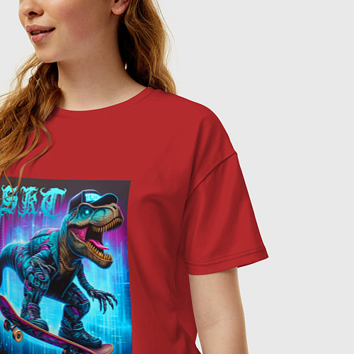 Женская футболка оверсайз Dude tyrannosaur on a skateboard - ai art / Красный – фото 3