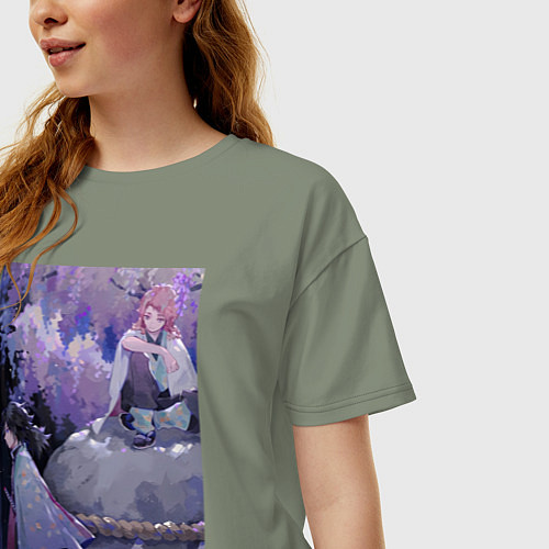 Женская футболка оверсайз Клинок рассекающий демонов Гию Томиока / Авокадо – фото 3