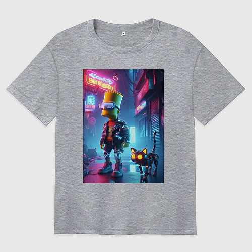 Женская футболка оверсайз Барт Симпсон гуляет с роботом котом в ночном город / Меланж – фото 1