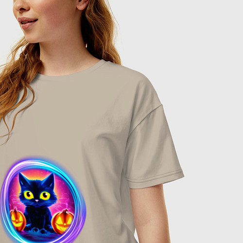 Женская футболка оверсайз Кот неоновый с тыквами / Миндальный – фото 3