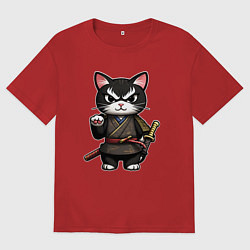 Женская футболка оверсайз Крутой кот самурай