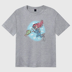 Футболка оверсайз женская Девочка-дайвер и рыбка, цвет: меланж