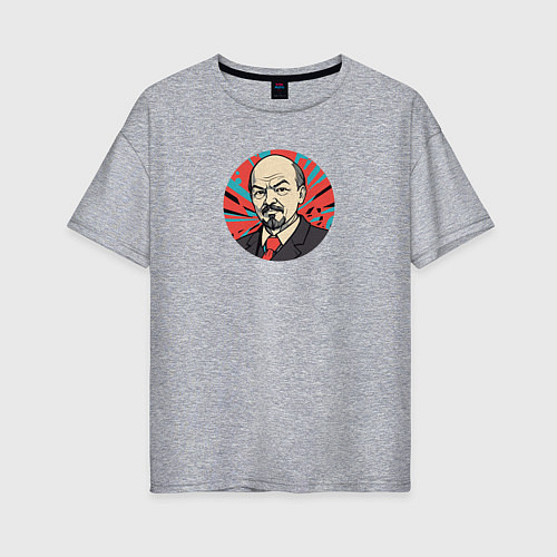 Женская футболка оверсайз Портрет Ленина в красном галстуке / Меланж – фото 1