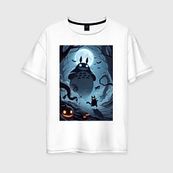 Футболка оверсайз женская Тоторо и бегущий чёрный кот - хэллоуин, цвет: белый