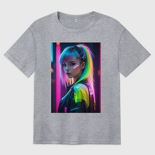 Женская футболка оверсайз Киберпанк девушка с зеленым хвостом / Меланж – фото 1