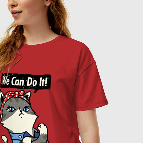 Женская футболка оверсайз We can do it - cat / Красный – фото 3