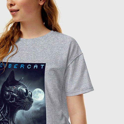 Женская футболка оверсайз Cyber black cat - ai art fantasy / Меланж – фото 3
