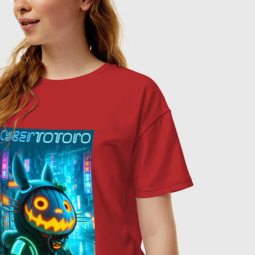 Женская футболка оверсайз Totoro with a pumpkin head - halloween fantasy / Красный – фото 3