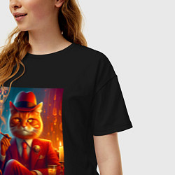 Футболка оверсайз женская Крутой рыжий кот - крёстный отец мяуфии, цвет: черный — фото 2