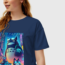 Футболка оверсайз женская Totoro and cats - cyberpunk, цвет: тёмно-синий — фото 2