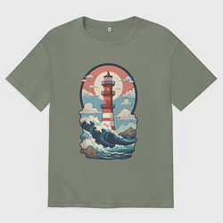 Футболка оверсайз женская Маяк в море и волны, цвет: авокадо