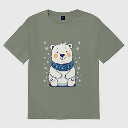 Футболка оверсайз женская Полярный белый медведь и снежинки, цвет: авокадо