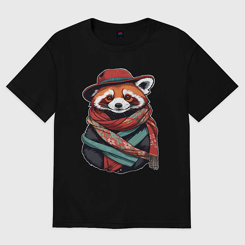 Женская футболка оверсайз Красная панда в шляпе и шарфе / Черный – фото 1