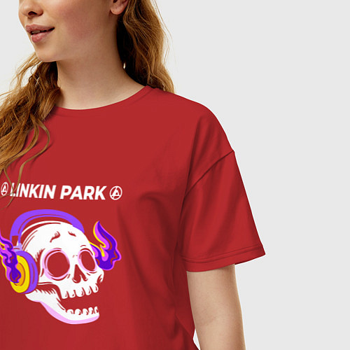 Женская футболка оверсайз Linkin Park 2024 - неоновый череп / Красный – фото 3