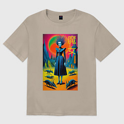 Футболка оверсайз женская Портрет ведьмы со зверушками - готика, цвет: миндальный