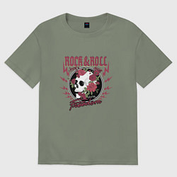 Футболка оверсайз женская Рок н ролл череп и цветы, цвет: авокадо