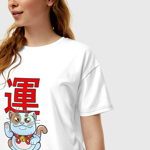 Женская футболка оверсайз Кот на удачу / Белый – фото 3