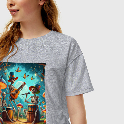 Женская футболка оверсайз Трио скелетов музицируют на грибной поляне / Меланж – фото 3
