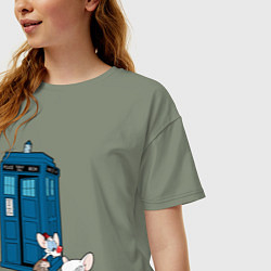 Футболка оверсайз женская Пинки и Брейн возле тардиса, цвет: авокадо — фото 2