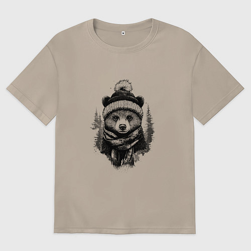 Женская футболка оверсайз Мишка в шапке с помпоном / Миндальный – фото 1