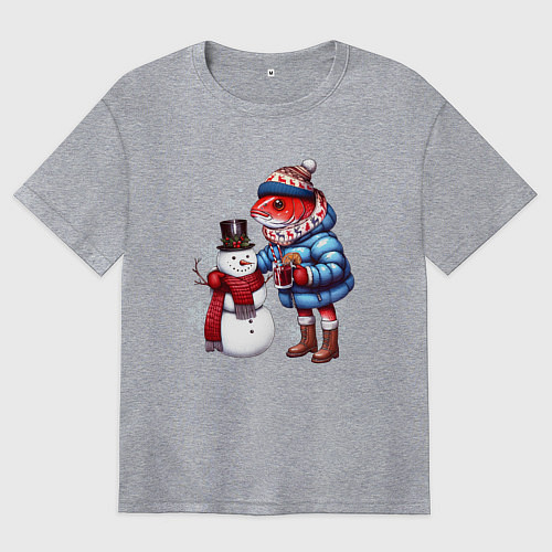 Женская футболка оверсайз Рыба и снеговик / Меланж – фото 1