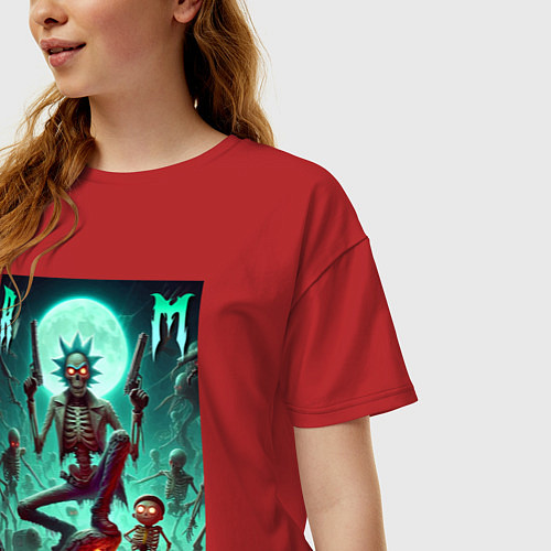 Женская футболка оверсайз Скелет Рика с двумя пистолетами и Морти / Красный – фото 3
