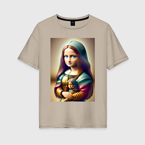 Женская футболка оверсайз Маленькая Мона Лиза в детстве с куклой - нейроарт / Миндальный – фото 1