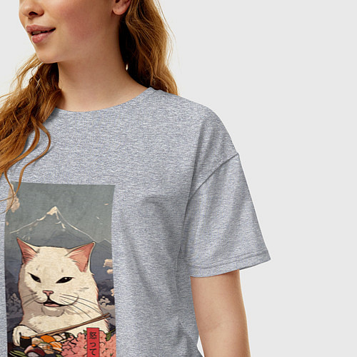Женская футболка оверсайз Cat meme - japan style / Меланж – фото 3