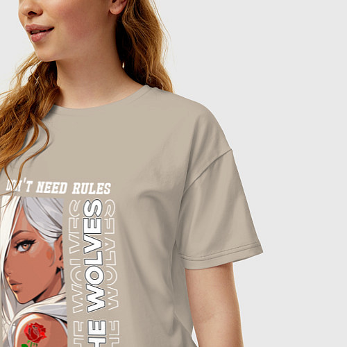 Женская футболка оверсайз Девушка из аниме с розой / Миндальный – фото 3