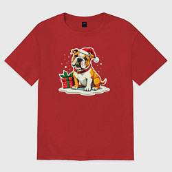 Футболка оверсайз женская Новогодний бульдог с игрушкой, цвет: красный